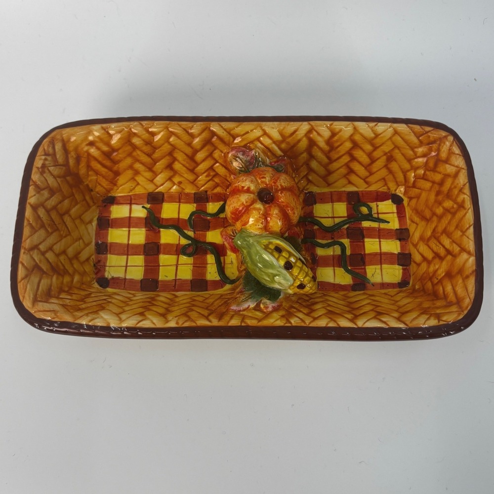 Autumn Harvest Ceramic Serving Dish Pumpkin Corn Plaid Basket Weave Design‎ Fall